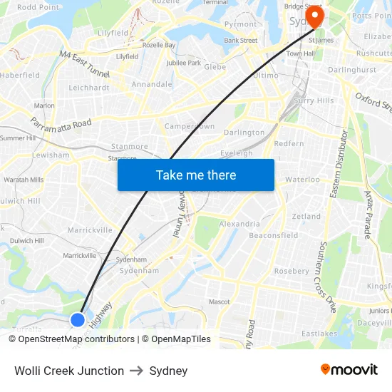 Wolli Creek Junction to Sydney map