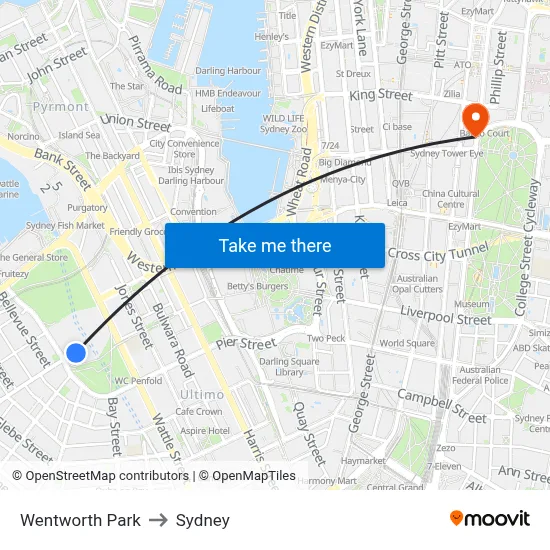 Wentworth Park to Sydney map
