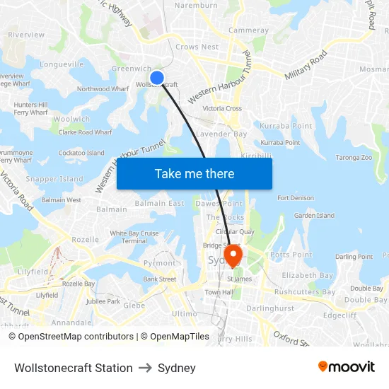 Wollstonecraft Station to Sydney map