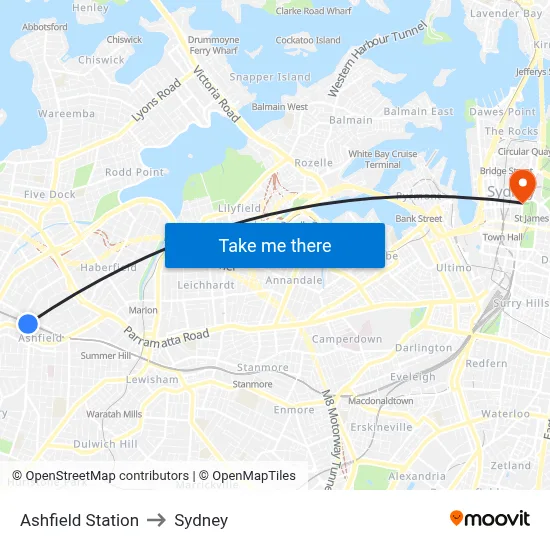 Ashfield Station to Sydney map
