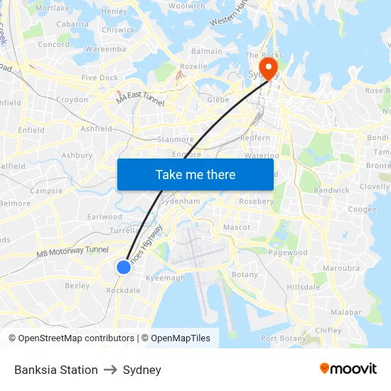 Banksia Station to Sydney map