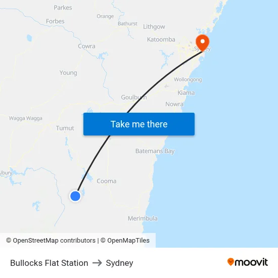 Bullocks Flat Station to Sydney map