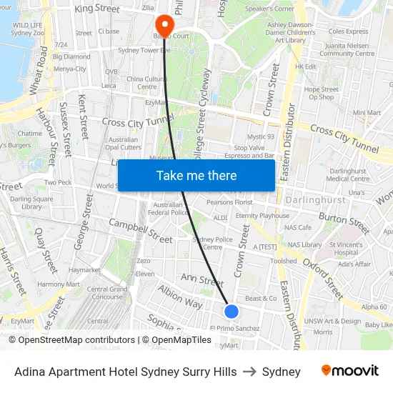 Adina Apartment Hotel Sydney Surry Hills to Sydney map