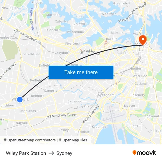 Wiley Park Station to Sydney map