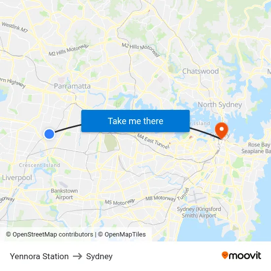 Yennora Station to Sydney map