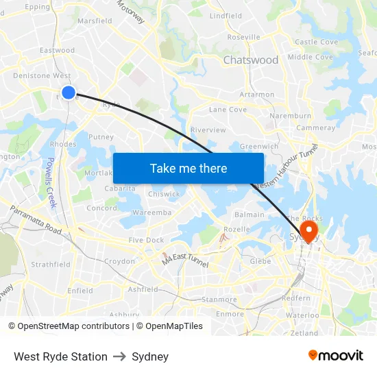 West Ryde Station to Sydney map