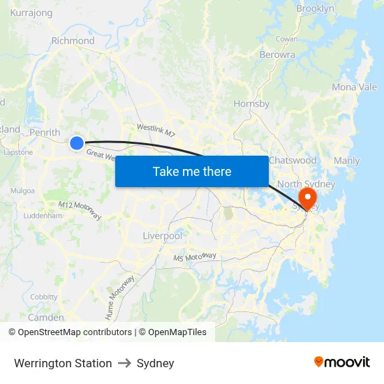 Werrington Station to Sydney map