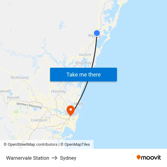Warnervale Station to Sydney map
