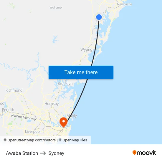 Awaba Station to Sydney map