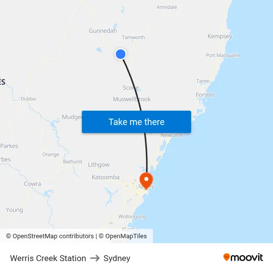 Werris Creek Station to Sydney map