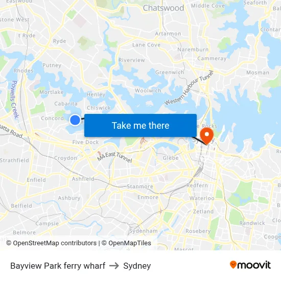 Bayview Park ferry wharf to Sydney map