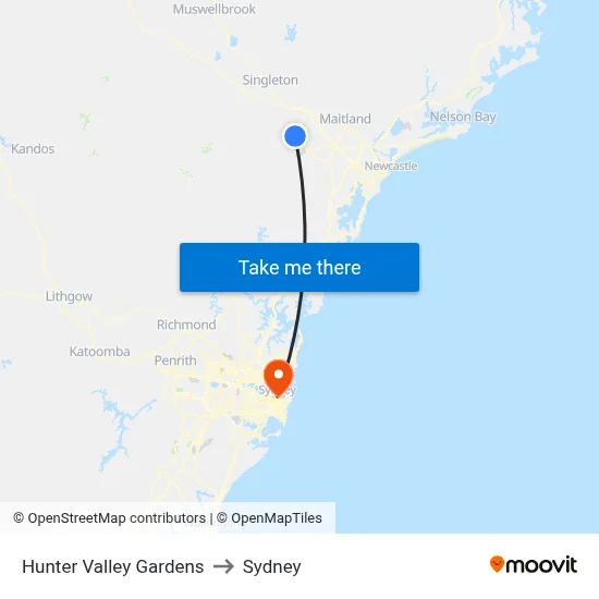 Hunter Valley Gardens to Sydney map