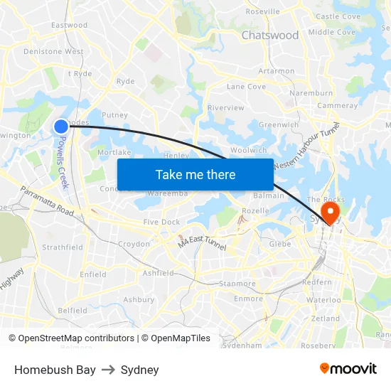 Homebush Bay to Sydney map
