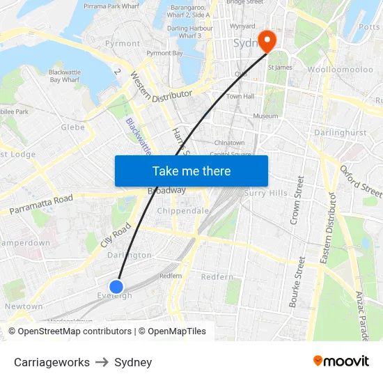 Carriageworks to Sydney map