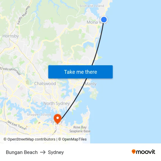 Bungan Beach to Sydney map