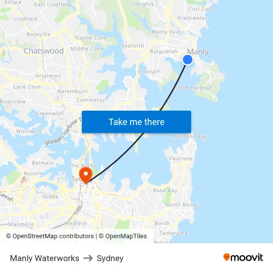 Manly Waterworks to Sydney map