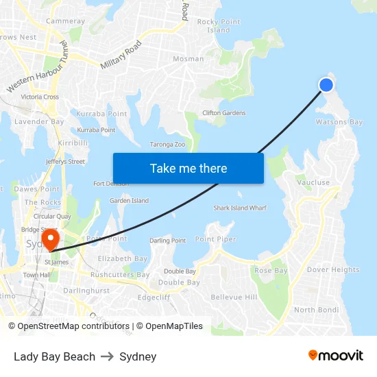 Lady Bay Beach to Sydney map