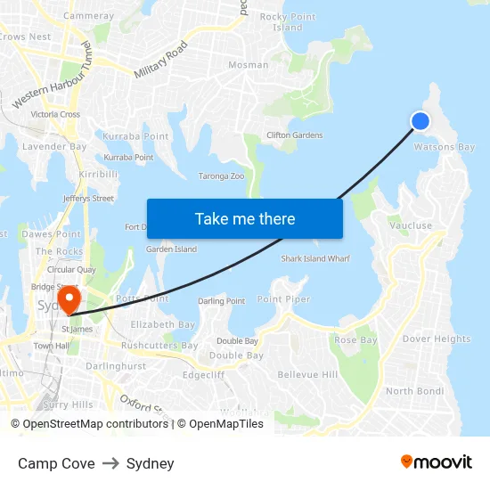Camp Cove to Sydney map
