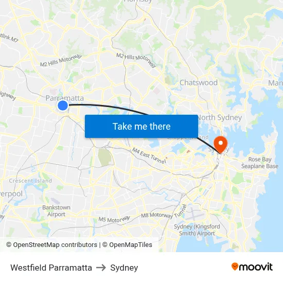 Westfield Parramatta to Sydney map