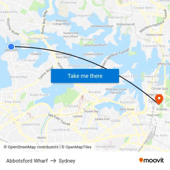 Abbotsford Wharf to Sydney map