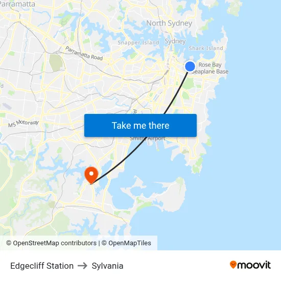 Edgecliff Station to Sylvania map