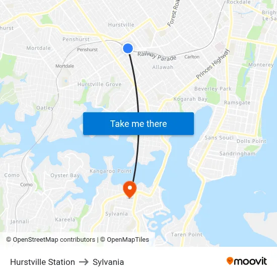 Hurstville Station to Sylvania map