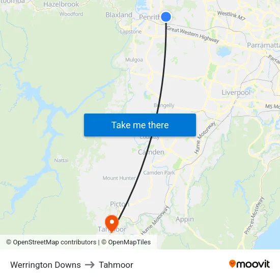 Werrington Downs to Tahmoor map