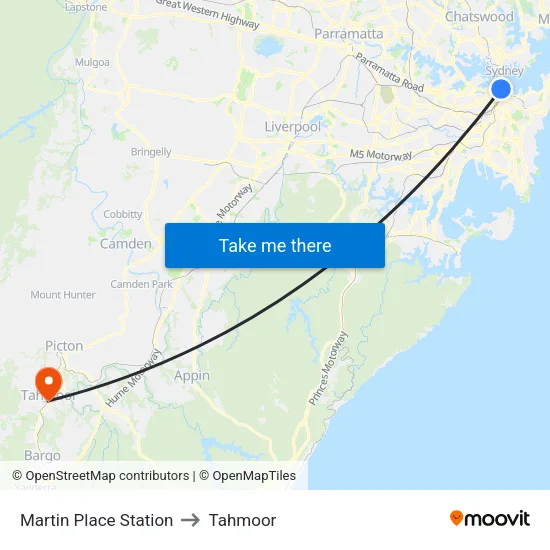 Martin Place Station to Tahmoor map
