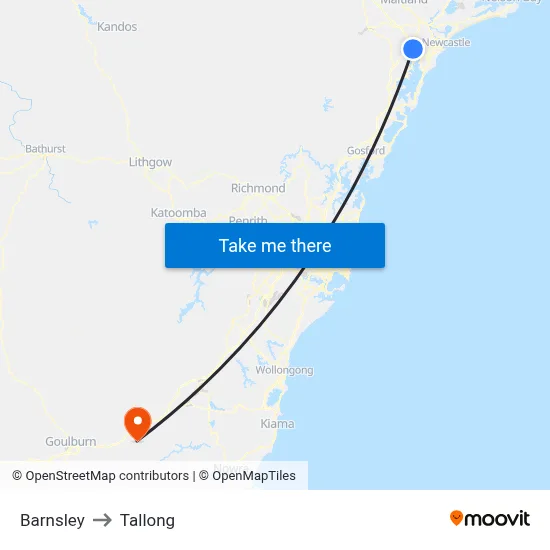 Barnsley to Tallong map
