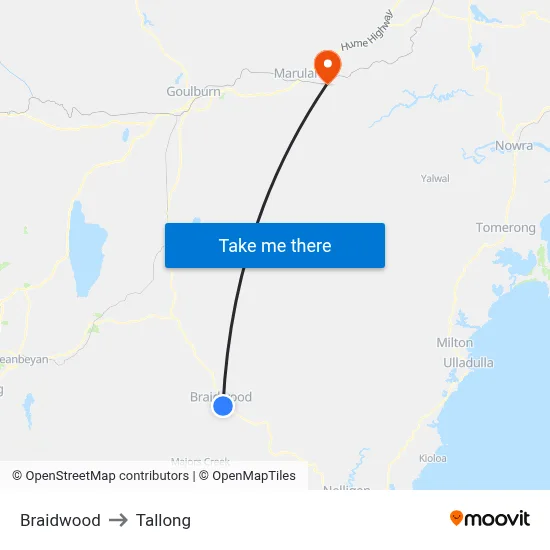 Braidwood to Tallong map