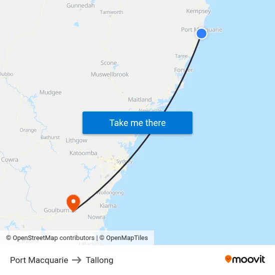 Port Macquarie to Tallong map