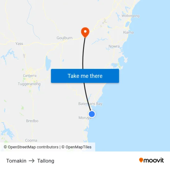 Tomakin to Tallong map