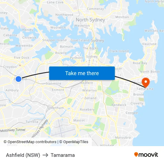 Ashfield (NSW) to Tamarama map