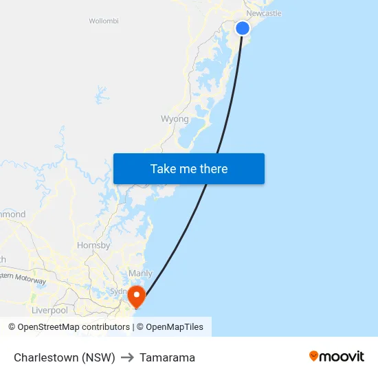 Charlestown (NSW) to Tamarama map