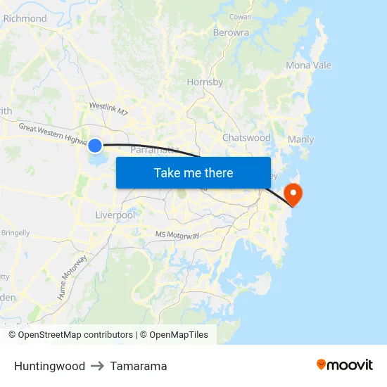 Huntingwood to Tamarama map