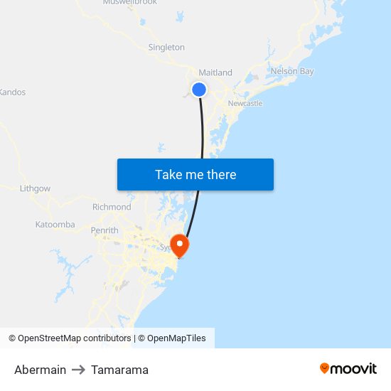 Abermain to Tamarama map