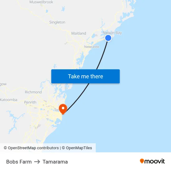 Bobs Farm to Tamarama map