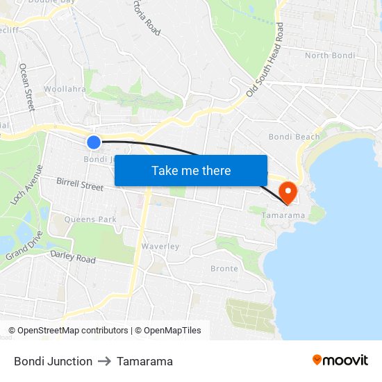 Bondi Junction to Tamarama map