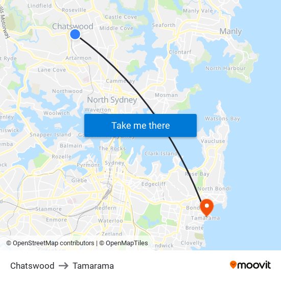 Chatswood to Tamarama map