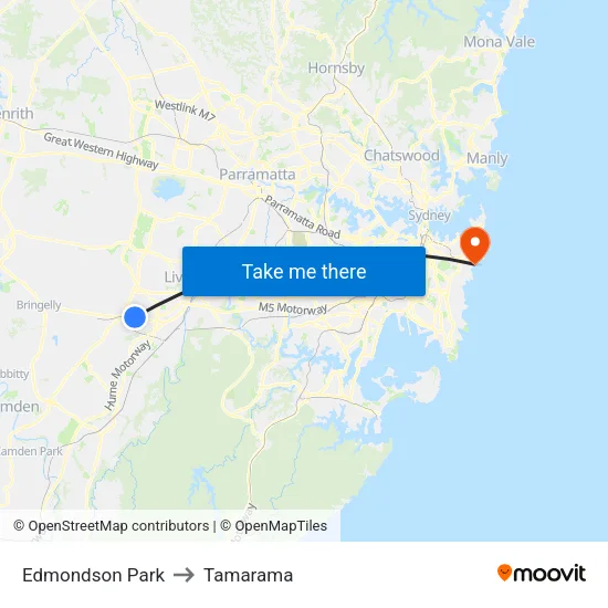 Edmondson Park to Tamarama map