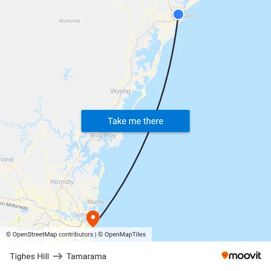 Tighes Hill to Tamarama map