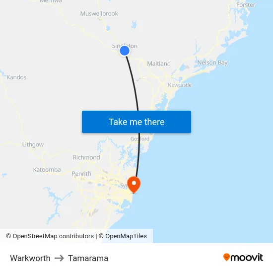Warkworth to Tamarama map