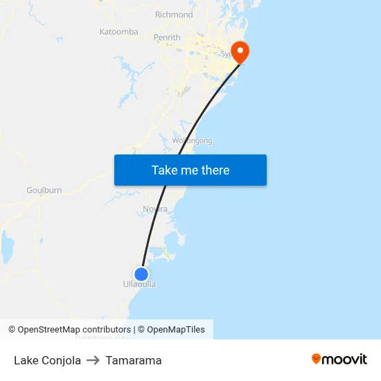 Lake Conjola to Tamarama map