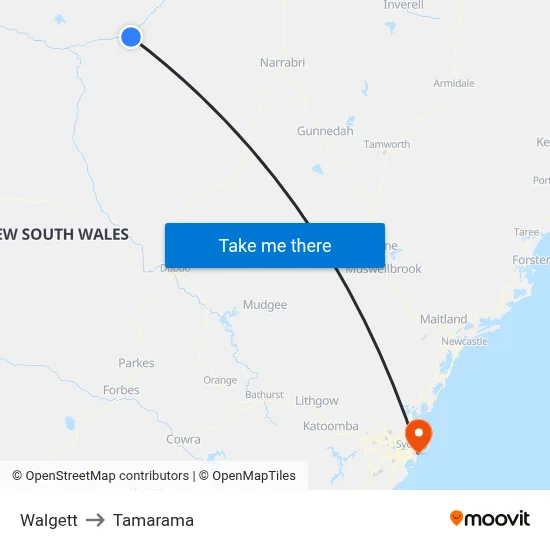 Walgett to Tamarama map
