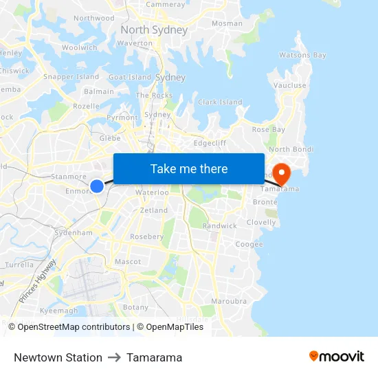 Newtown Station to Tamarama map