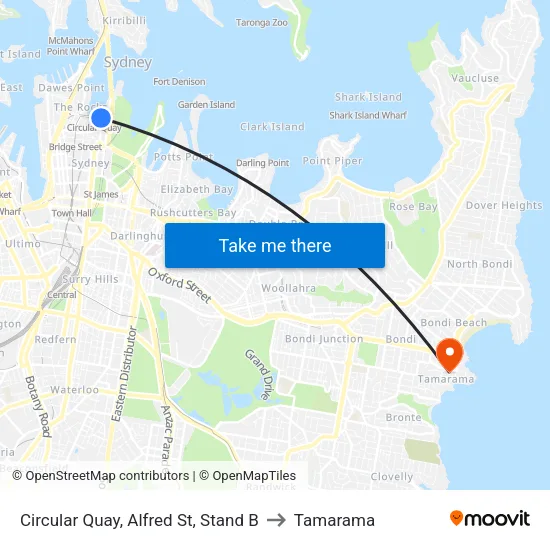 Circular Quay, Alfred St, Stand B to Tamarama map