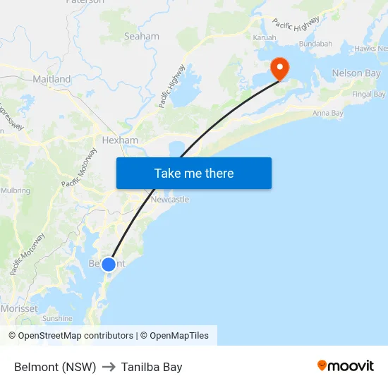 Belmont (NSW) to Tanilba Bay map