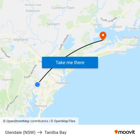 Glendale (NSW) to Tanilba Bay map