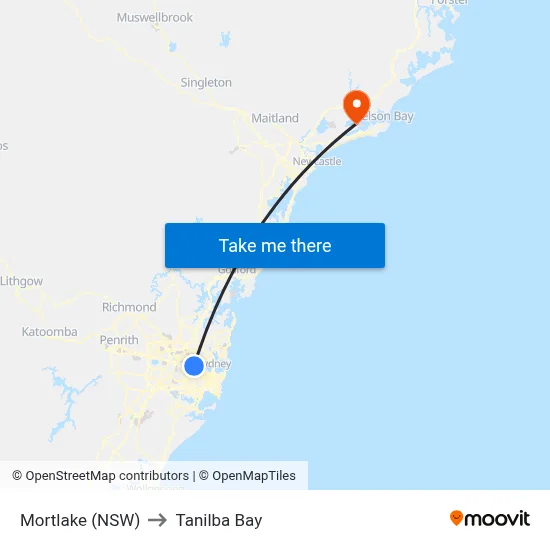 Mortlake (NSW) to Tanilba Bay map