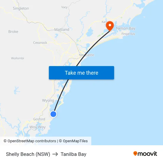 Shelly Beach (NSW) to Tanilba Bay map